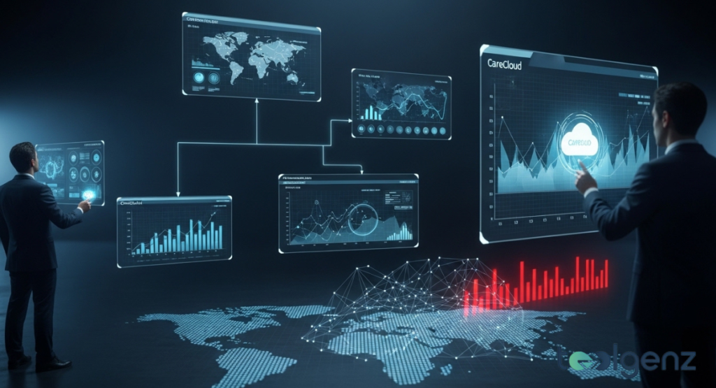 Two analysts interacting with floating transparent screens that display global connectivity maps and growth charts.