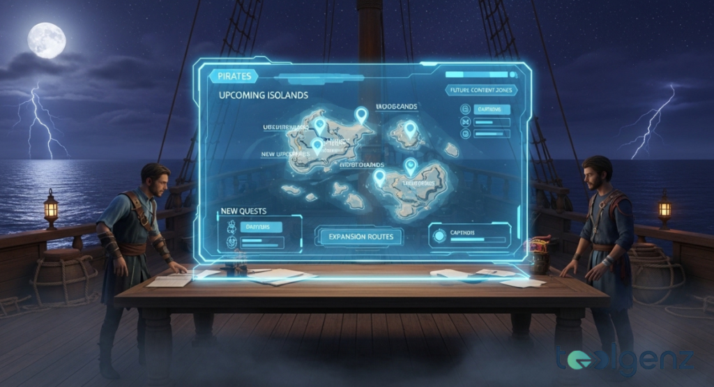 Two crew members study a glowing holographic map of upcoming islands, quests, and expansion routes on a ship deck.