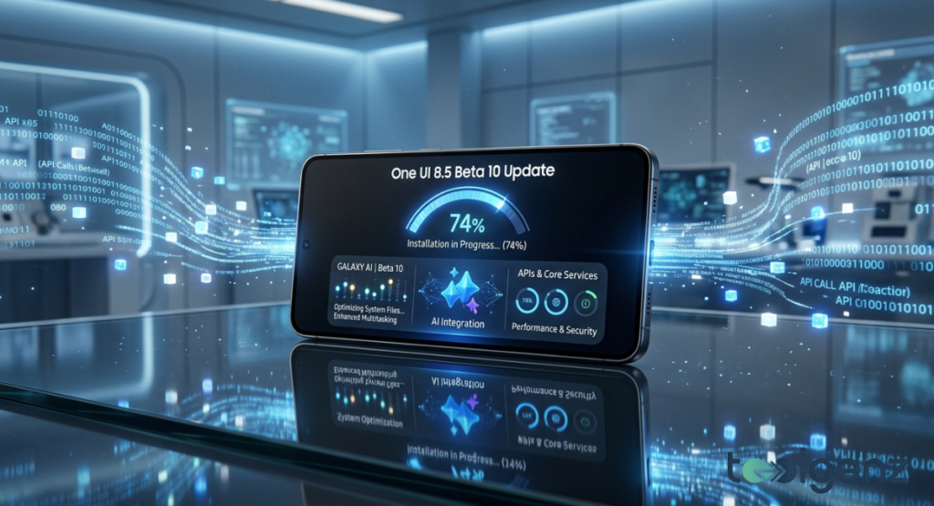Samsung phone on a glass desk shows “One UI 8.5 Beta 10 Update” at 74% installation with progress rings for AI Integration, Performance, and Security in a futuristic lab.