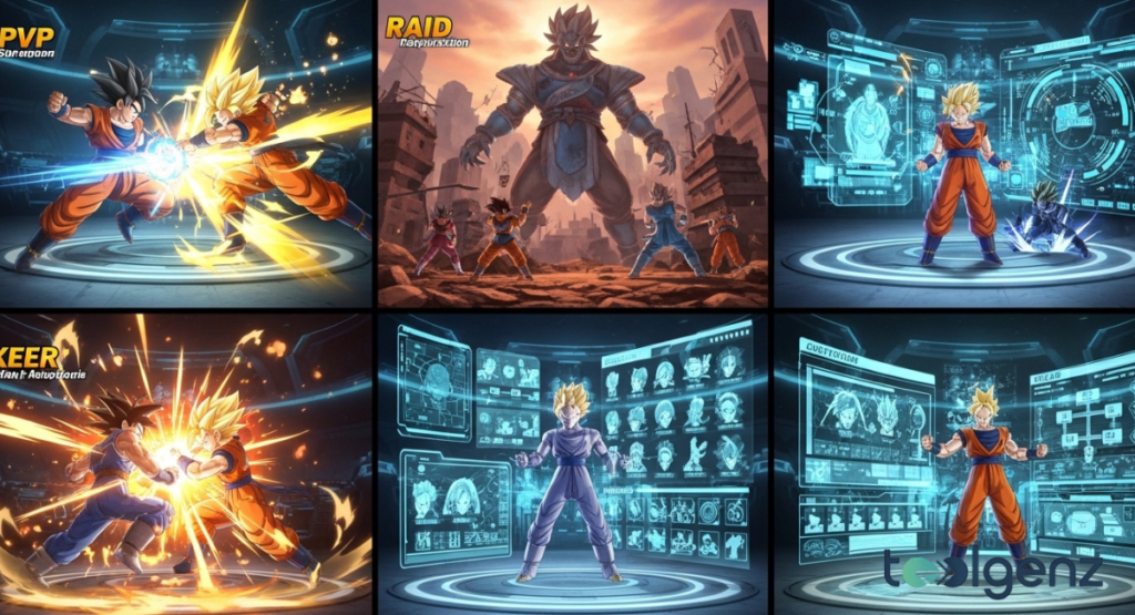 Six-panel grid shows PVP duels, co-op raids, training modes, and deep character customization screens with holographic UI.