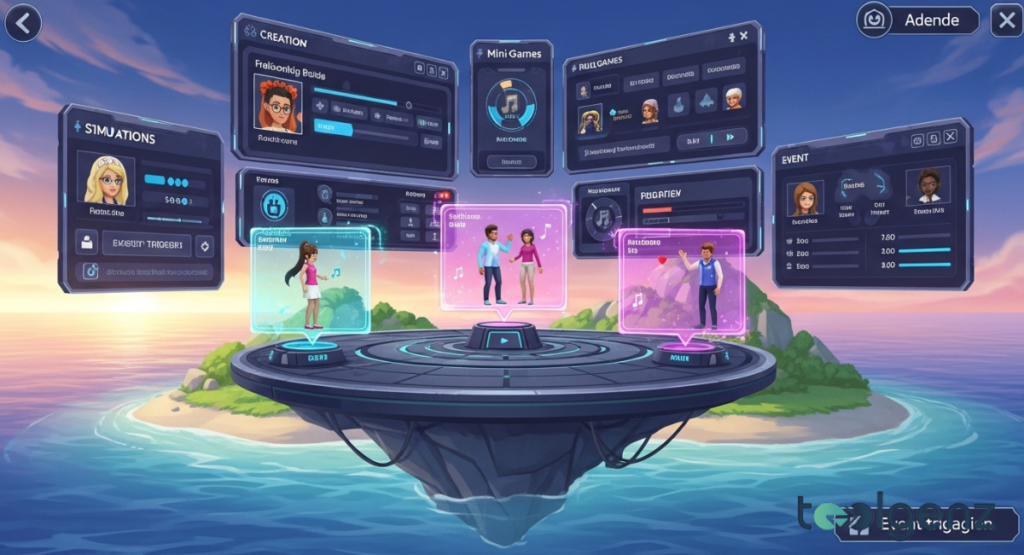 Holographic game menus for Creation, Mini Games, and Events hover above a floating island at sunset. Glowing Mii portraits show relationship sims, music creation, and roleplay triggers.