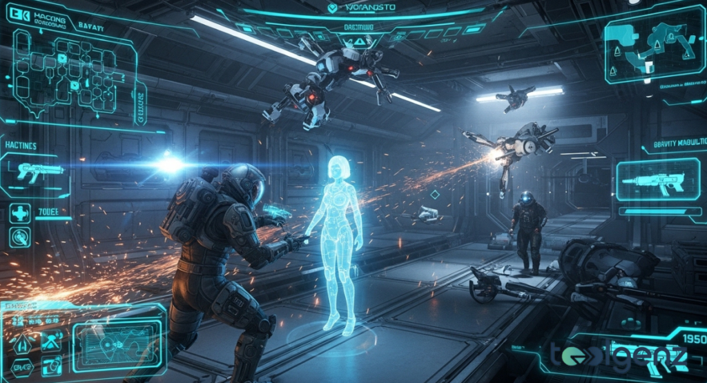 Armored astronaut and glowing blue hologram fight flying robots inside a high-tech facility. Futuristic HUD interfaces display weapons, maps, and tactical data during combat.