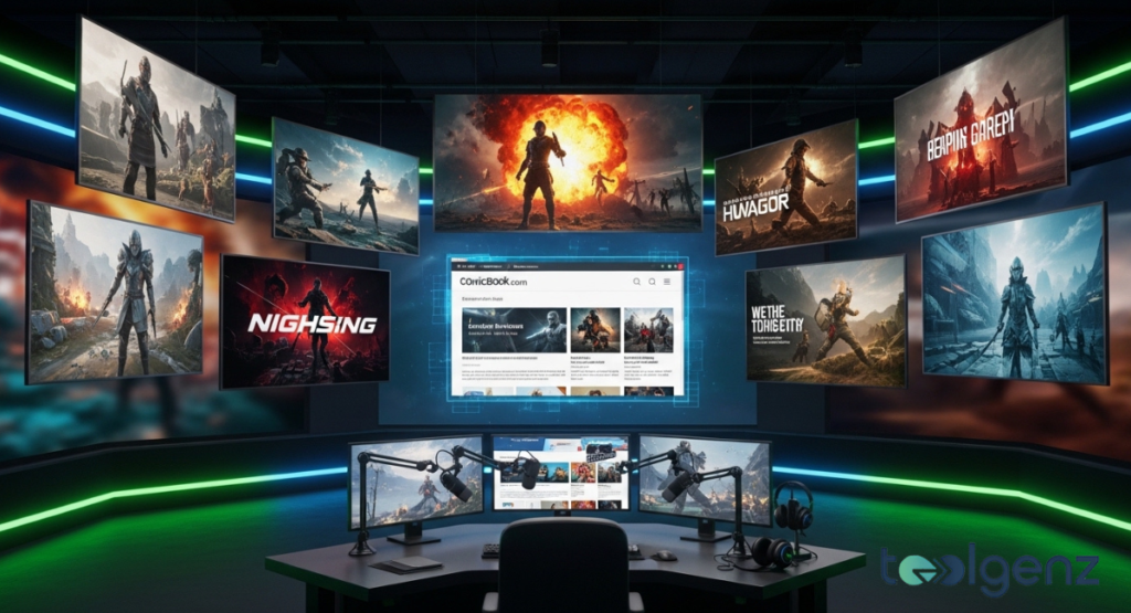 Content creator setup with multiple wall screens showing cinematic trailers, boss fights, and character reveals.