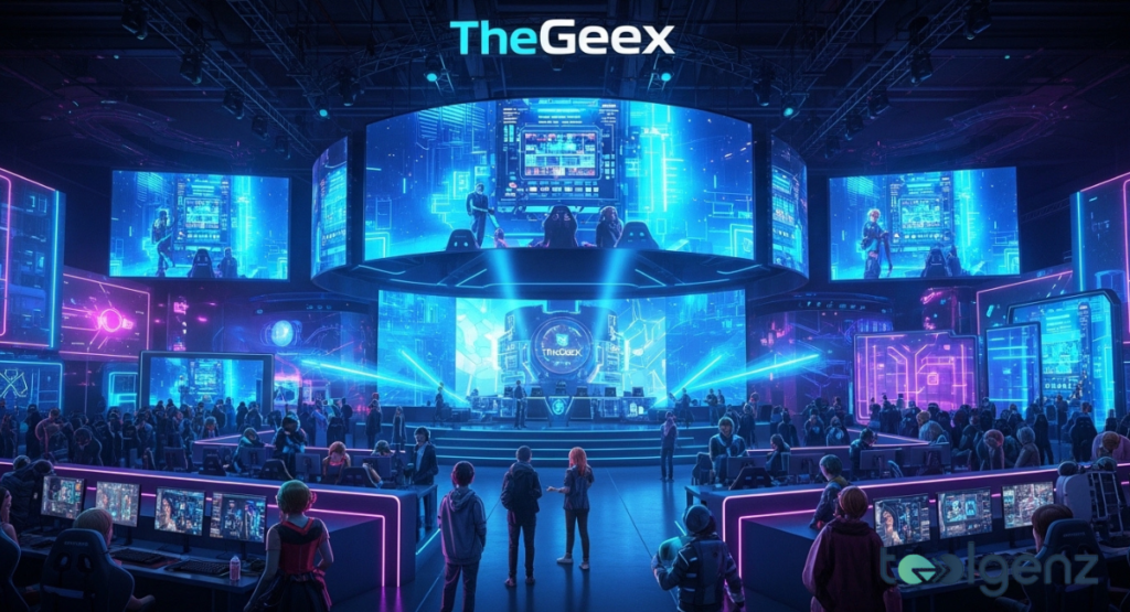 A massive TheGeex arena filled with gamers and tech enthusiasts features giant glowing blue screens and a central stage.