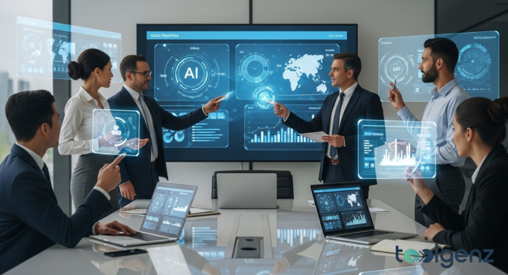 A group of corporate executives in a brightly lit boardroom point toward a large digital screen displaying AI performance metrics and global maps. They are engaged in a high-level strategic review of project milestones.