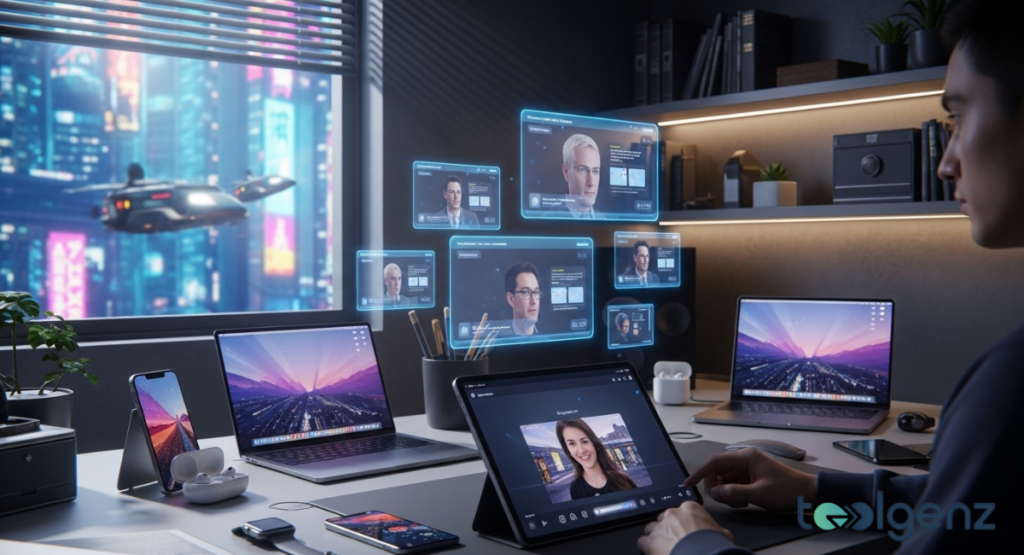 A person works at a desk with iPhone, iPad, MacBooks and AirPods while video windows float above. A futuristic city and flying vehicle are visible through the window.