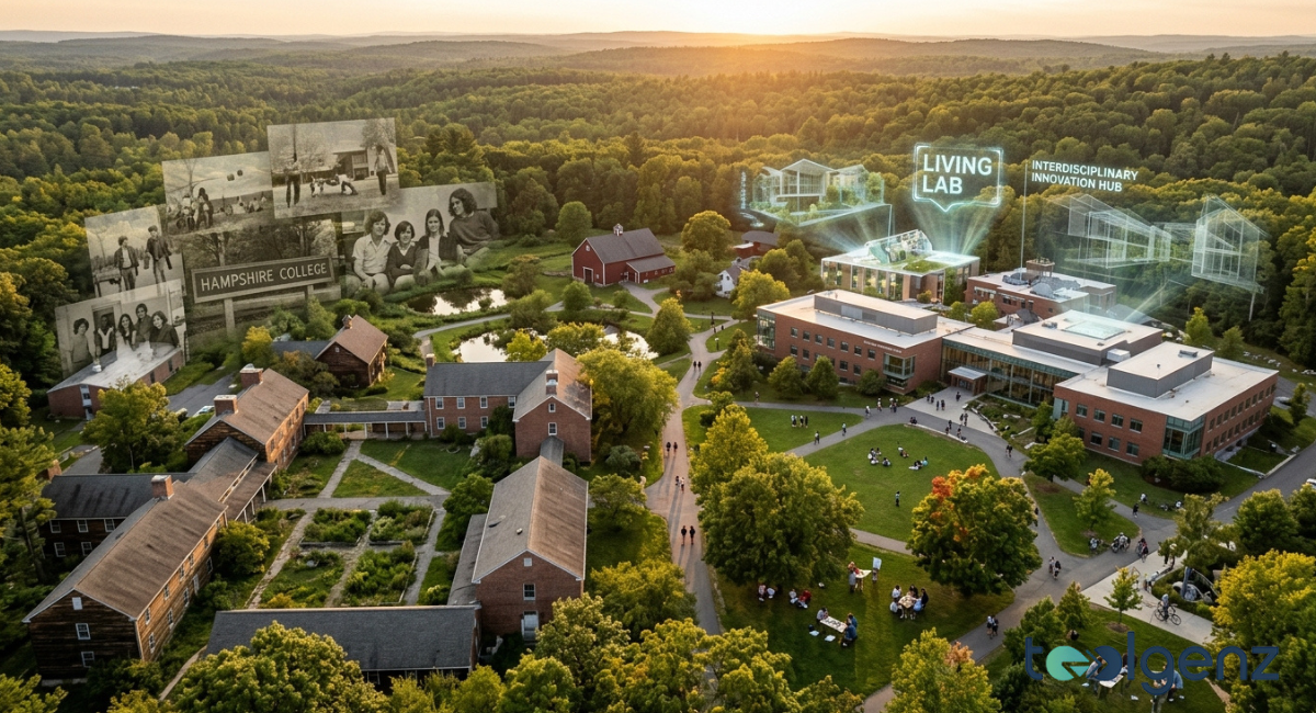 A U.S. map with glowing red pins marks dozens of at-risk liberal arts colleges on a desk, with foggy Gothic campuses looming behind. A compass and leather-bound books labeled “College on the Divide” frame the ominous “At-Risk Colleges” display.