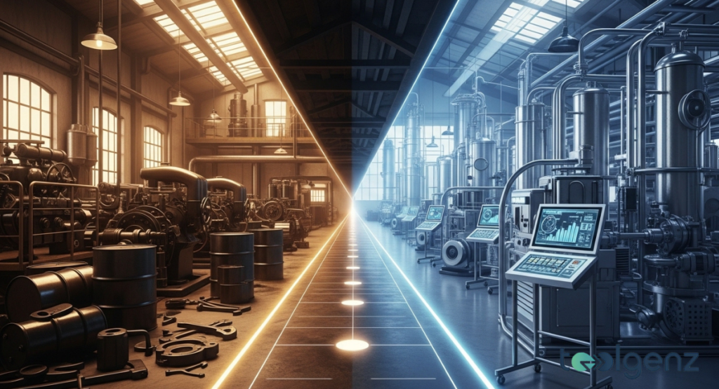 A split warehouse shows early 1900s machinery on the left and modern stainless refining equipment on the right.