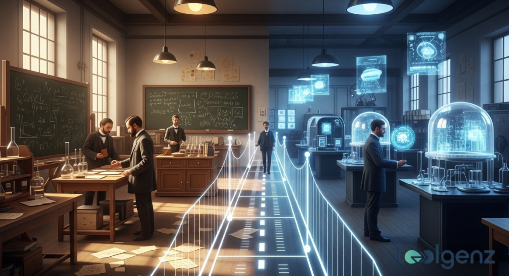A split scene shows 19th-century physicists at chalkboards beside a modern lab with holograms. A glowing digital timeline connects early experiments to today’s quantum devices under glass.