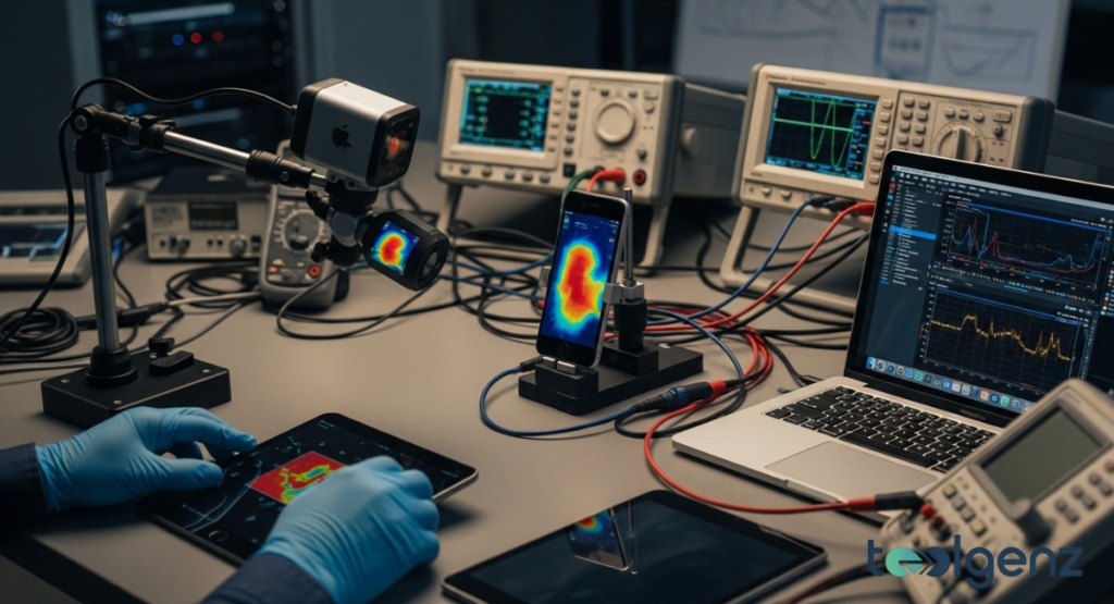 An iPhone under a thermal camera in a laboratory environment, surrounded by oscilloscopes and diagnostic equipment.