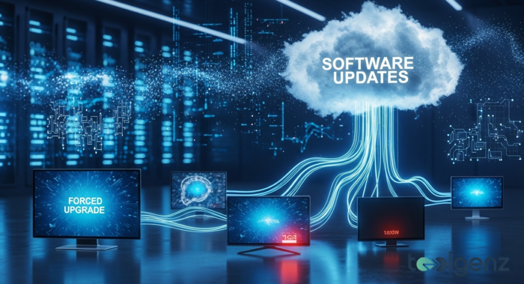 Server room with glowing data streams flowing from a “SOFTWARE UPDATES” cloud into multiple monitors. One screen reads “FORCED UPGRADE” while another shows an error, symbolizing pushed obsolescence.