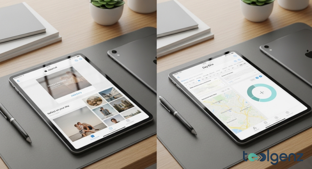 A side-by-side comparison of two tablets on a desk, each showing a different journaling application. The left screen features a simple layout, while the right displays a complex data-driven interface.