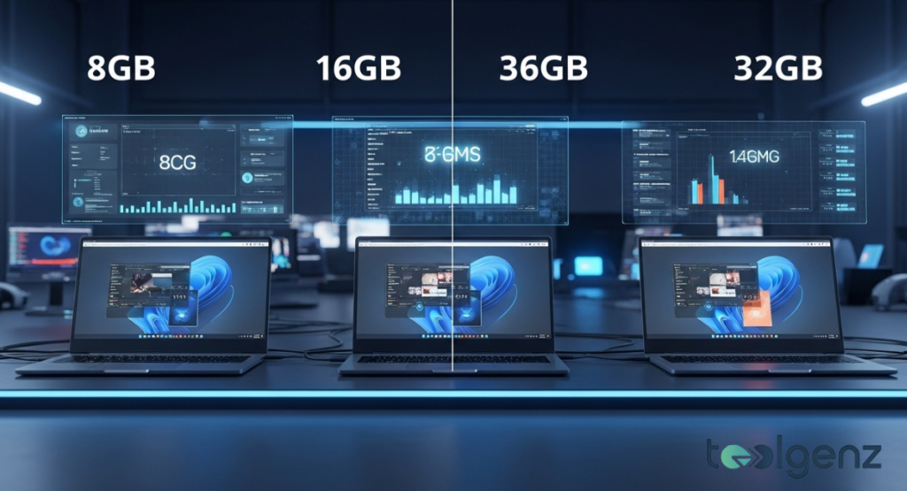 Three identical laptops lined up on a dark surface with digital labels above them showing 8GB, 16GB, and 32GB. Comparison charts hover above each screen to show performance scaling.