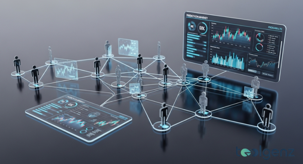 A digital schematic showing interconnected human icons linked to a central data dashboard. This visualization represents how decentralized information flows through a prediction market network.