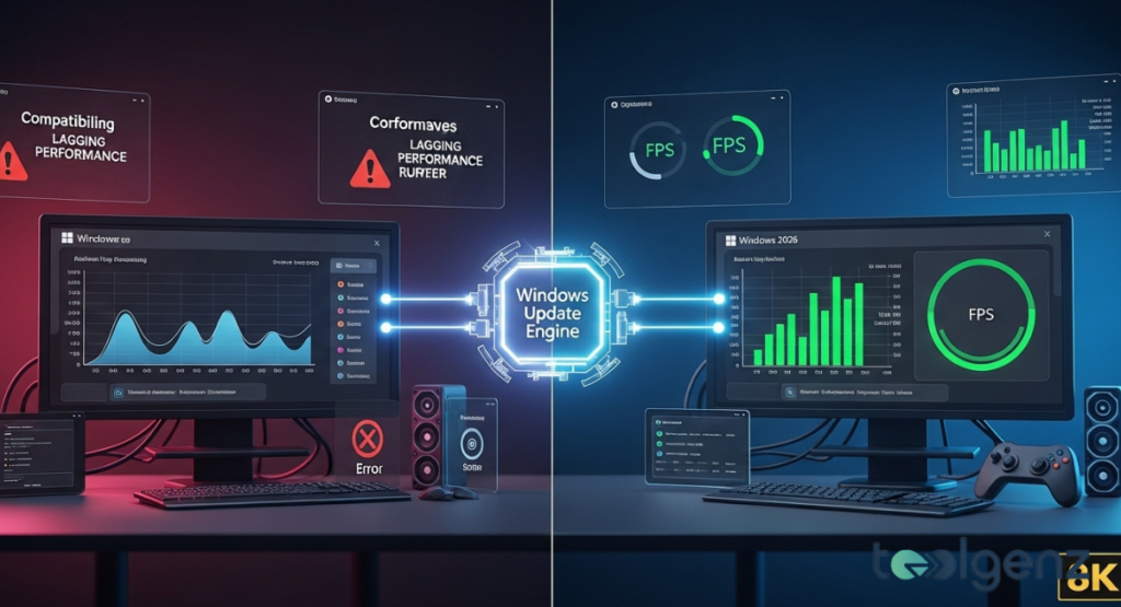 Split-screen comparison of two PCs: the left shows red warnings, lag spikes, and compatibility errors. The right shows green FPS charts, smooth graphs, and a central Windows Update Engine improving performance.