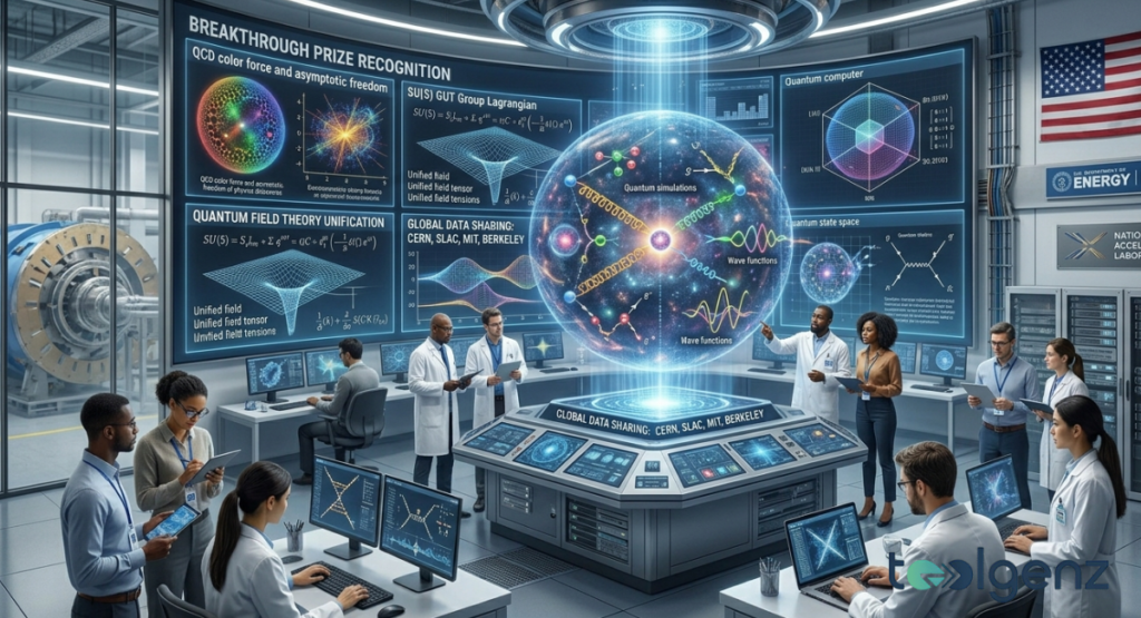 Researchers in lab coats collaborate around a central hologram of wave functions and quantum simulations