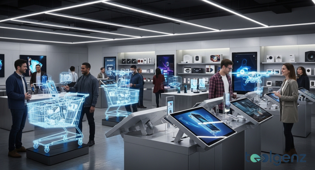 Shoppers interact with touchscreens and holographic carts inside a modern electronics store. Large displays and shelves line the walls in a bright, open retail space.