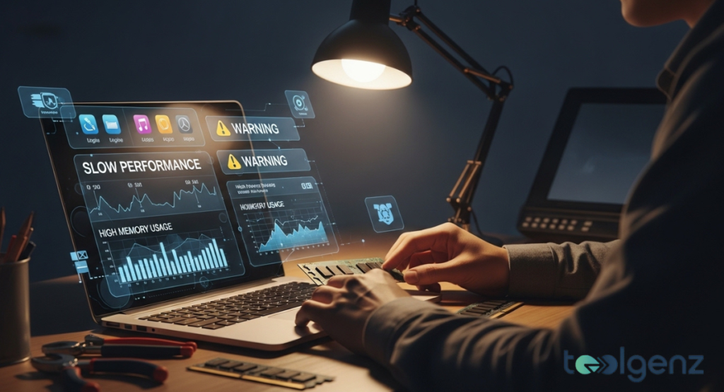 A person’s hands working on a laptop at night under a desk lamp while a "Warning" and "Slow Performance" alert appears. Physical memory sticks and tools lie on the desk ready for an upgrade.