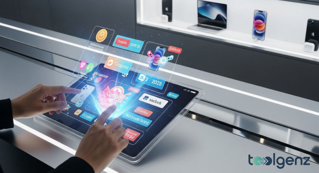 Two hands interact with a tablet showing floating coupon and combo offer widgets. Apple devices are displayed on a shelf in the background.