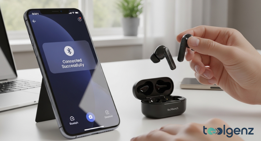 A smartphone screen shows a successful Bluetooth pairing notification next to a pair of active wireless headphones.