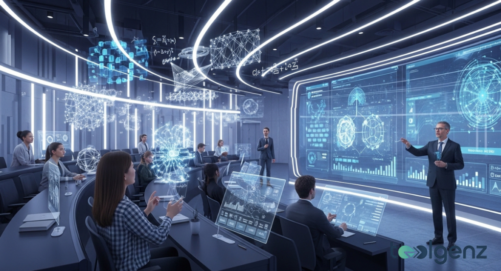 Instructor presents holographic quantum circuits to students in a futuristic World Quantum Day lecture hall. Floating equations and qubit models surround learners using transparent digital screens.