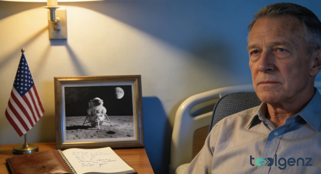 Close-up of an elderly man with short grey hair and a serious, reflective expression, sitting in a dim room next to a small wooden table with a framed picture of Neil Armstrong's historic moonwalk, a US flag, and an open leather-bound journal.
