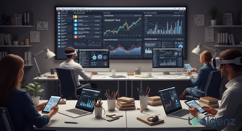 A team of developers and analysts collaborate in an open office, using multiple computer screens and a large wall-mounted monitor. Bright sunlight streams through a large window.