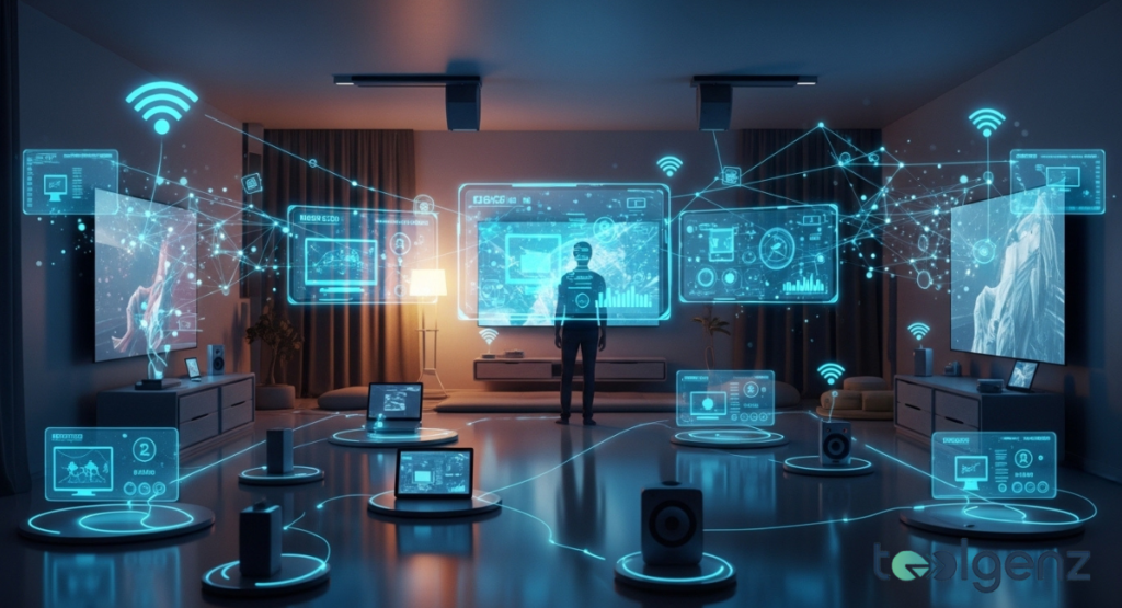 Silhouetted person stands in a smart living room surrounded by interconnected holographic screens. Wireless icons and data lines link TVs, speakers, and tablets across the connected space.