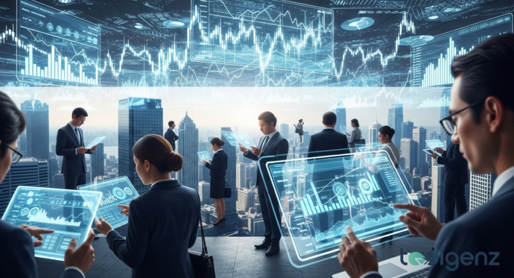Professionals stand on a rooftop terrace overlooking skyscrapers, holding transparent tablets that display market trend graphics.