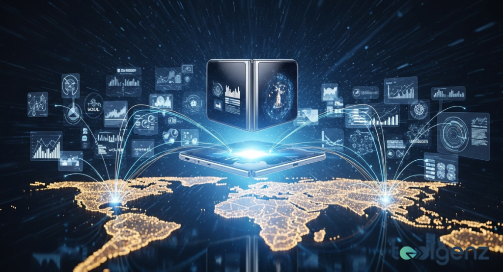 A foldable phone hovers above a glowing world map with data streams and analytics dashboards radiating outward.