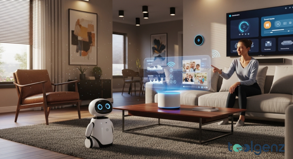A cozy living room with a woman interacting with a holographic smart-home display projected from a tabletop hub.