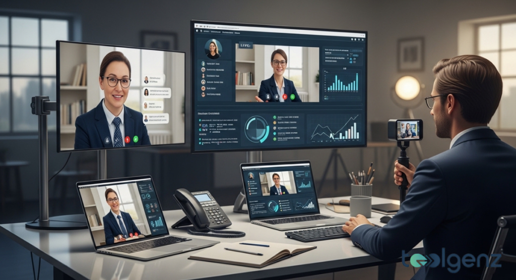 A male executive sits at a multi-monitor desk while an internal CEO appears on screen via a high-definition video conferencing setup.
