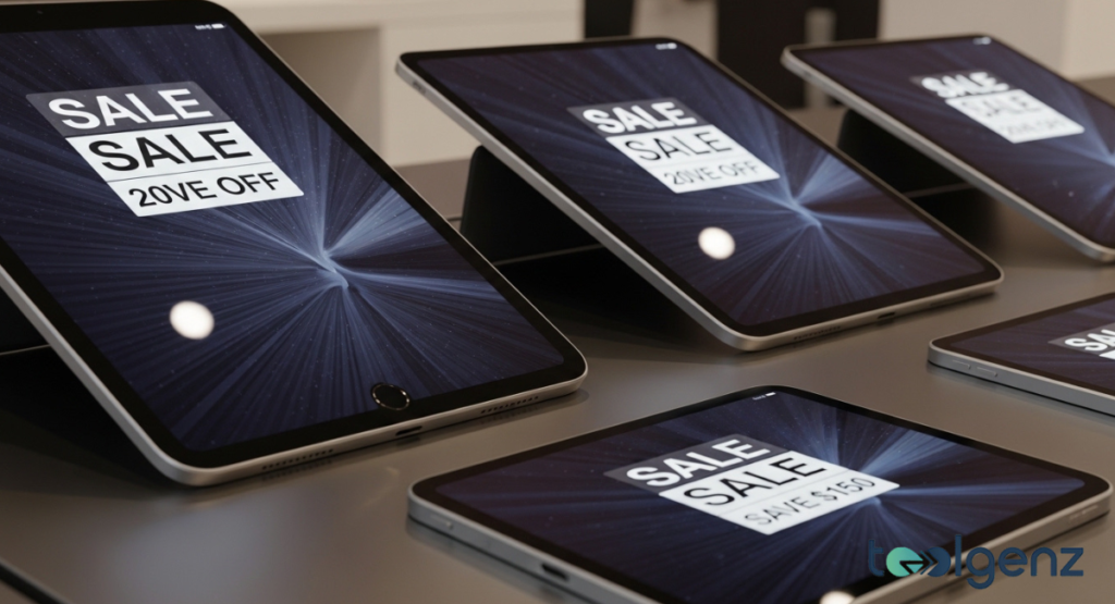 Five iPads propped on a table display bold Apple on Amazon “SALE 20% OFF” graphics on their screens. The dark burst background draws attention to the promotional message.