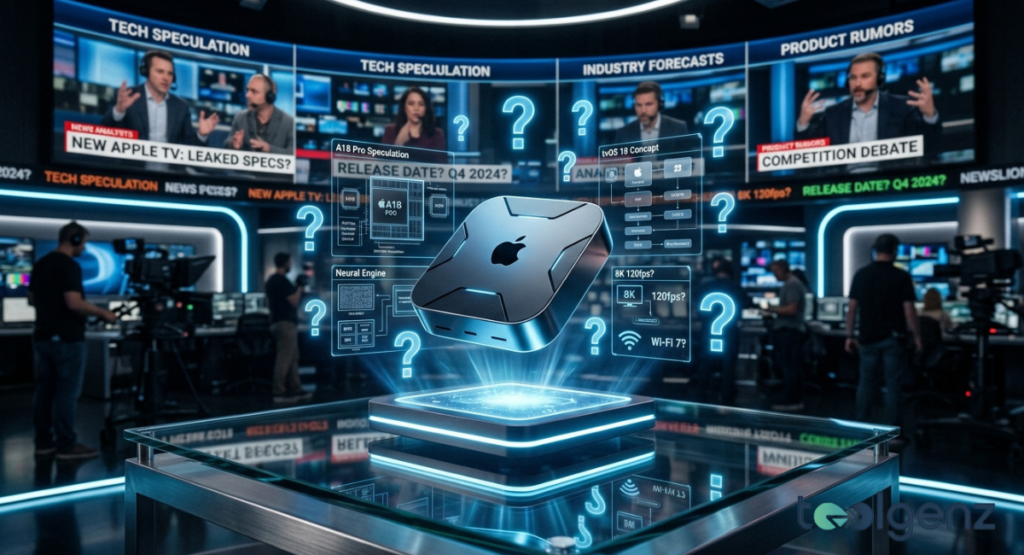 Newsroom with multiple screens showing “New Apple TV: Leaked Specs?” and floating holograms of a device.