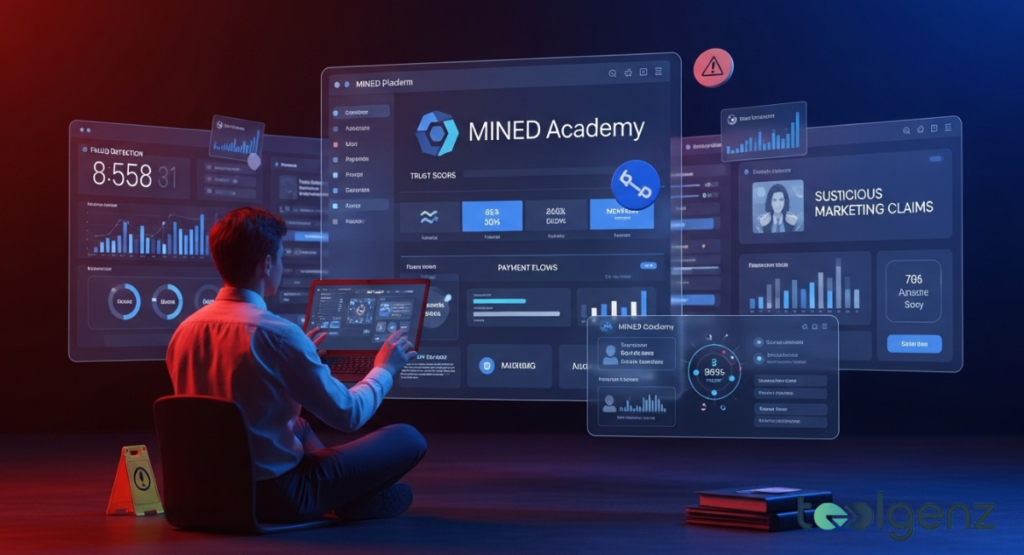 A digital analyst monitors a complex security dashboard displaying fraud detection metrics and trust scores for an online educational platform.