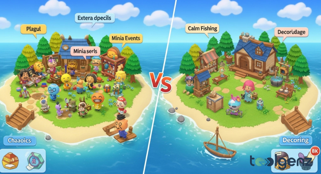 A side-by-side island comparison: chaotic Mii characters hosting mini-events on the left, and calm crafting and fishing on the right.