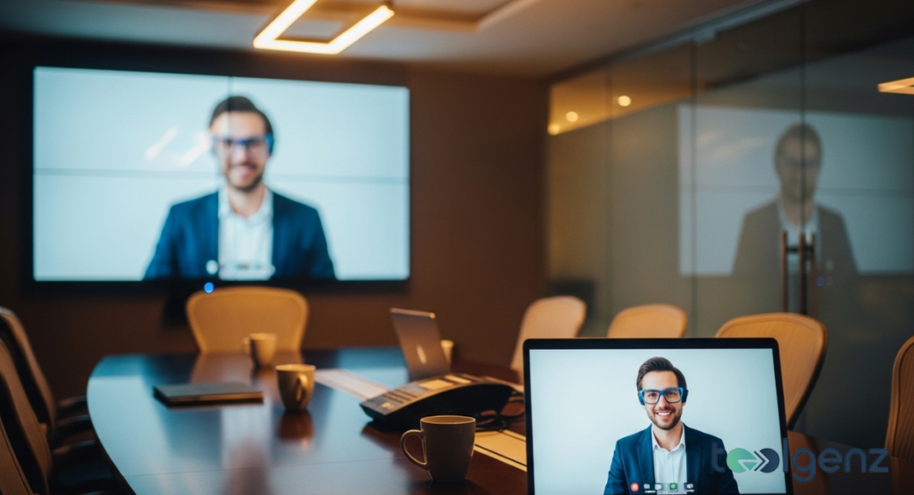 A laptop on a boardroom table shows a man in a video call, mirrored by a larger projection of his face on the wall.