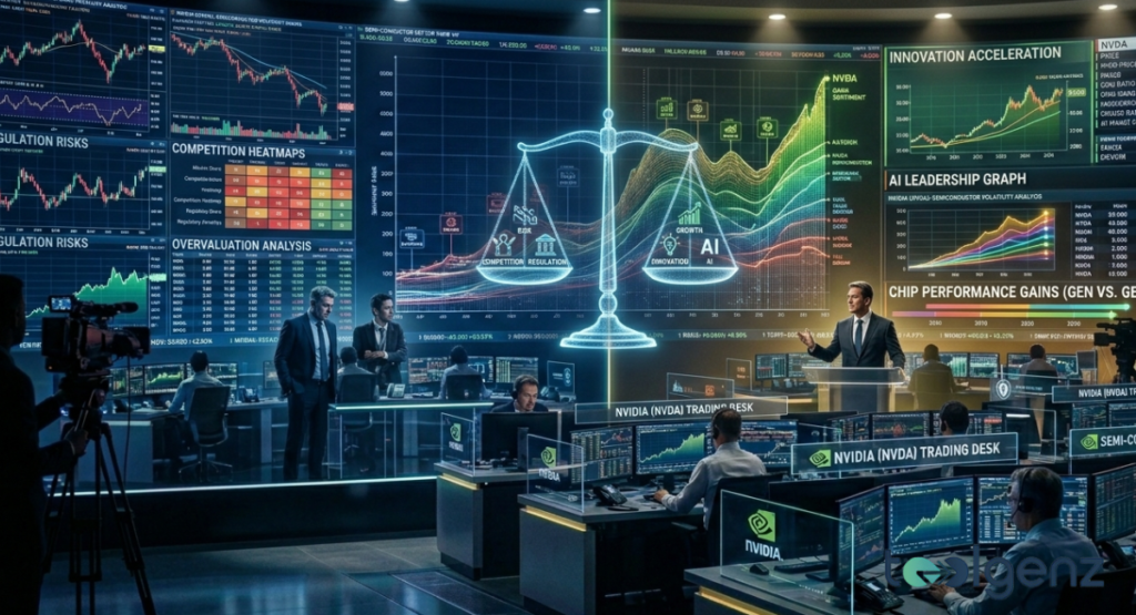 A split trading floor displays “REGULATION RISKS” and “COMPETITION HEATMAPS” on the left, versus “INNOVATION ACCELERATION” on the right.