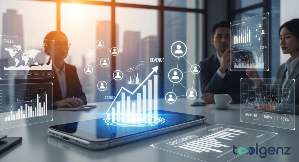 Business professionals in a boardroom viewing a transparent data dashboard over a smartphone. An upward-trending revenue graph symbolizes digital transformation and commercial success.