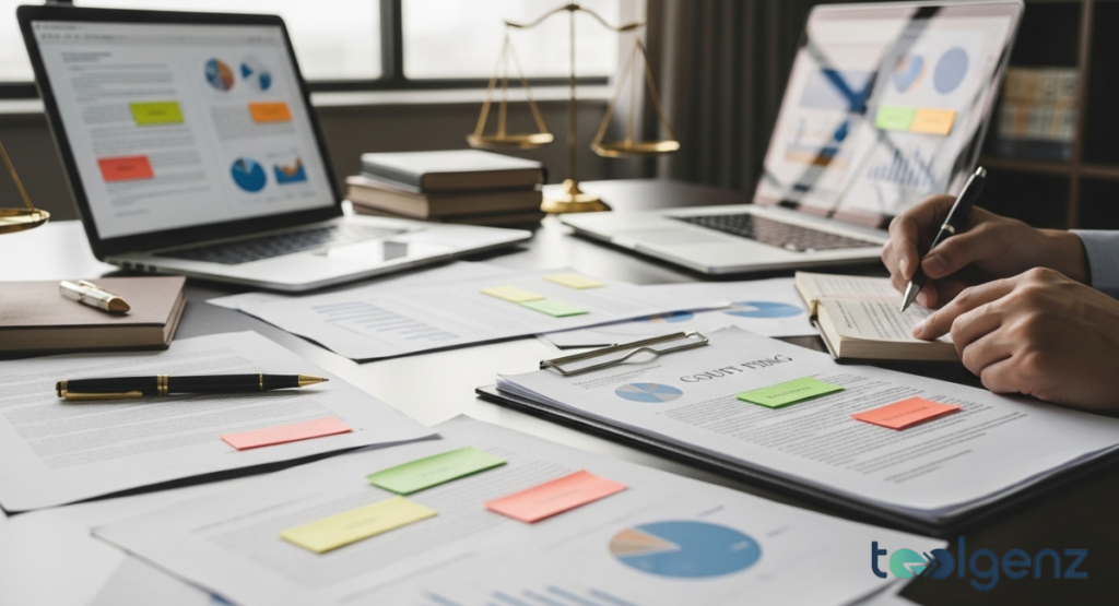A desk scattered with legal documents, charts, and graphs next to a traditional brass scale of justice.