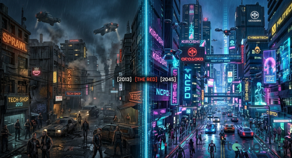 Split-screen street view contrasts a ruined 2013 Sprawl with gangs and wrecked cars against a rebuilt 2045 boulevard with NCPD drones, Kiroshi ads, and heavy pedestrian traffic.