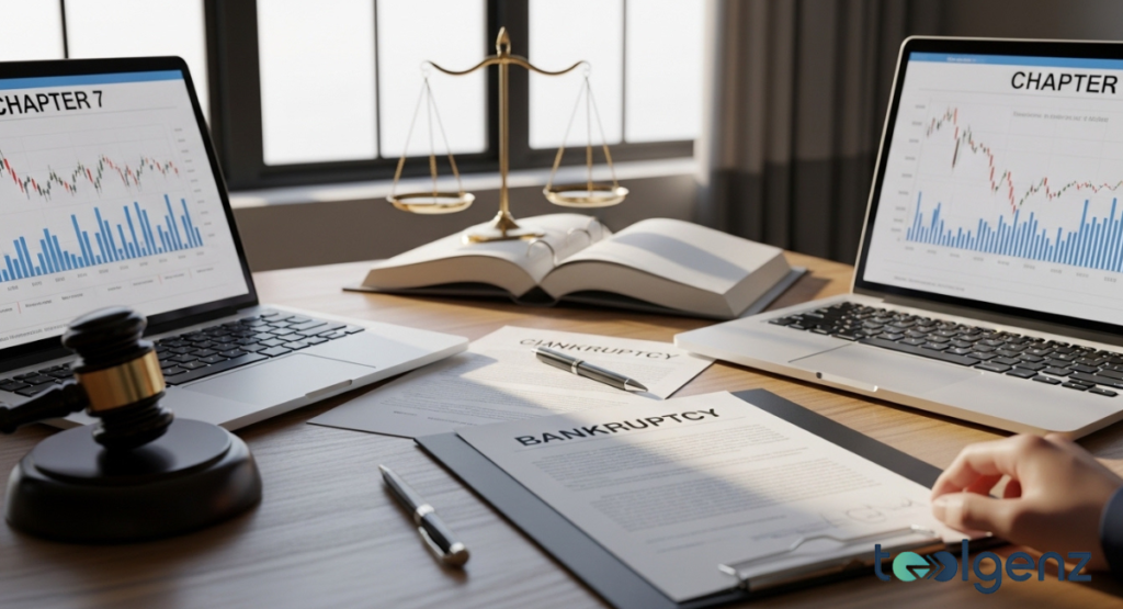 A wooden desk cluttered with official bankruptcy documents, a gavel, scales of justice, and two laptops displaying financial charts.