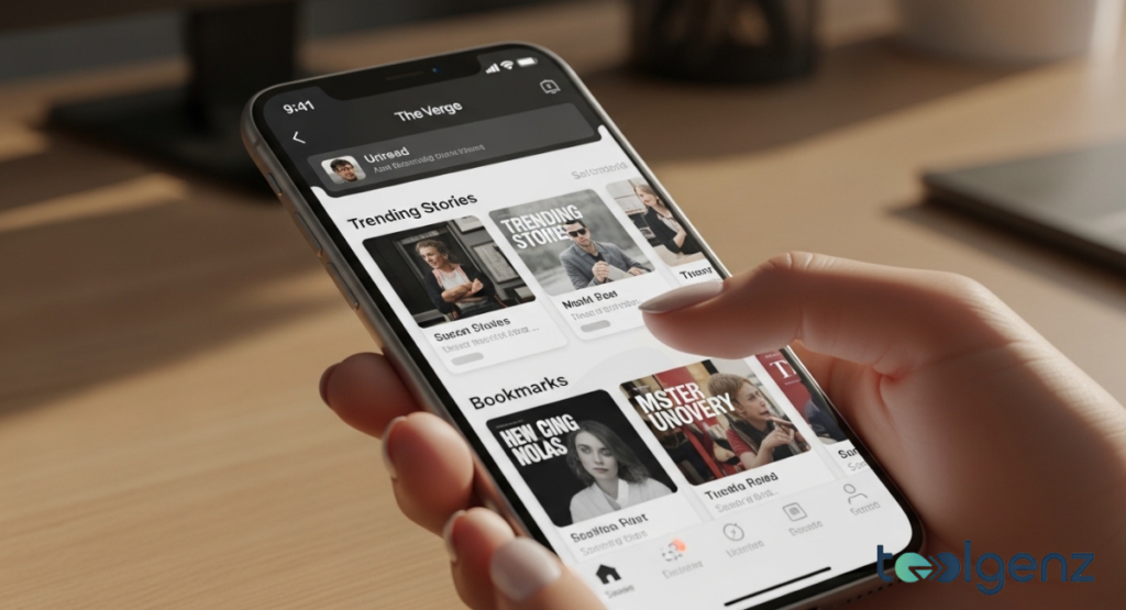 A close-up shot of a hand holding a smartphone displaying the new Verge app with "Trending Stories" and "Bookmarks" sections. The mobile UI is dark-themed and highly optimized for thumb navigation.