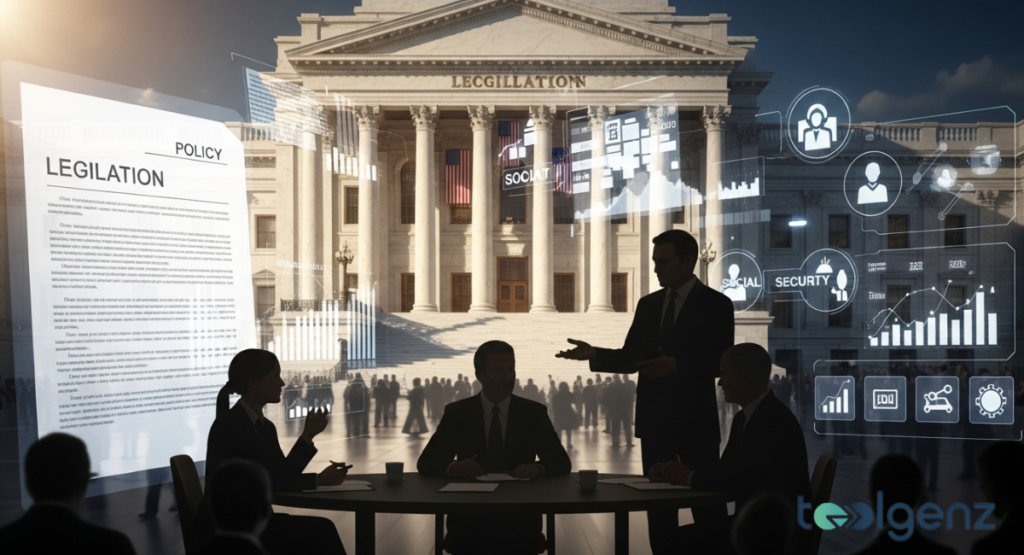 Silhouetted figures in a meeting room overlook a digital overlay of a government building and policy documents.