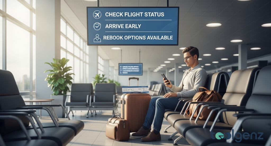 A man sits in a quiet airport lounge looking at his phone below a sign listing key flight status and rebooking tips.