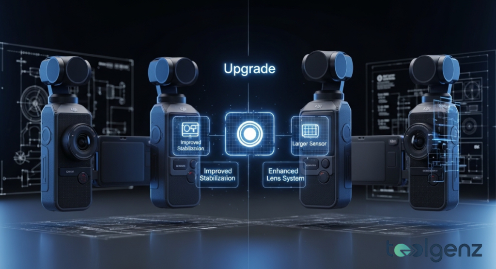 Four versions of a pocket gimbal camera are displayed with glowing labels for improved stabilization, larger sensor, and enhanced lens system