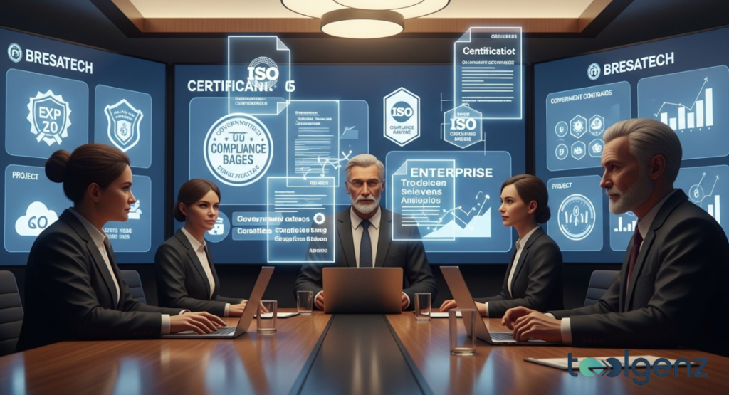 Diverse executive leaders sit around a boardroom table surrounded by floating holographic ISO certificates and compliance badges.