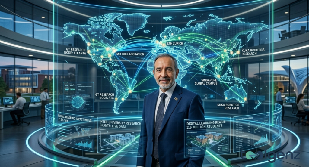 A portrait of President Cabrera in a high-tech command center with a massive global map and connection lines behind him.