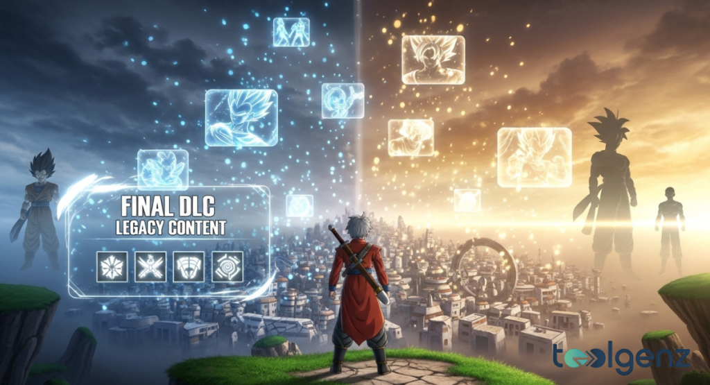 A lone Time Patroller overlooks a sprawling hub city at dawn, with glowing memory icons of past battles floating overhead.