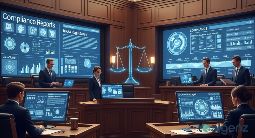 A courtroom setting featuring large digital screens displaying HIPAA compliance reports and legal scales of justice. Legal professionals in suits work at stations analyzing regulatory data and investigation summaries.